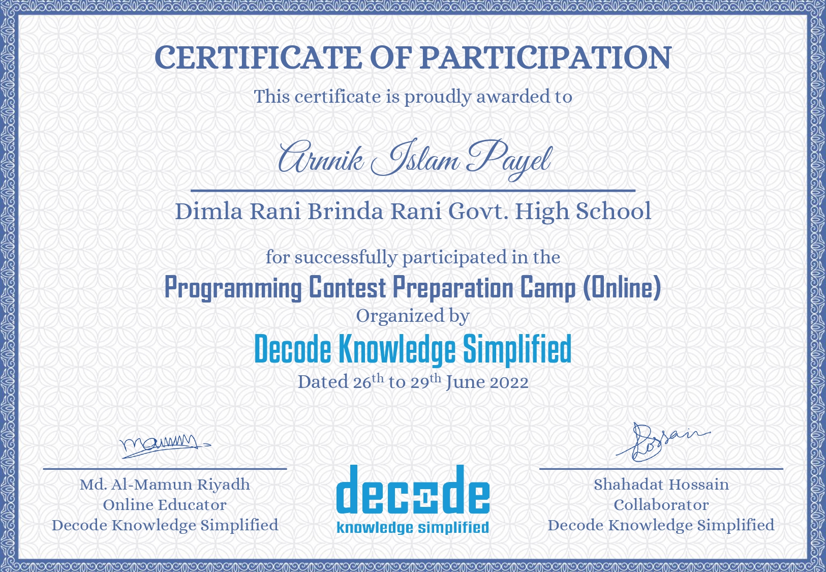 Certificate of Participation